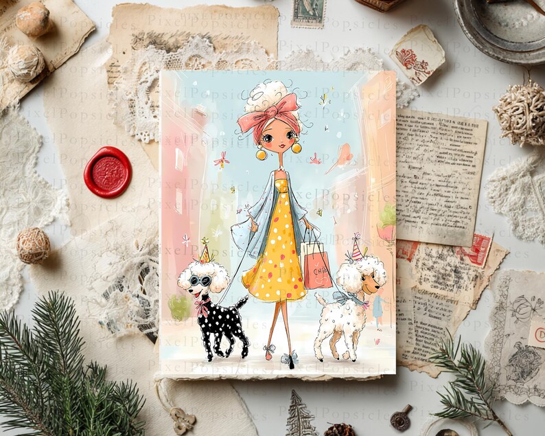 May include: A digital illustration of a stylized character with a pink headband and yellow dress holding shopping bags, walking two poodles. One poodle is black with white polka dots and the other is white, both wearing party hats and bows.