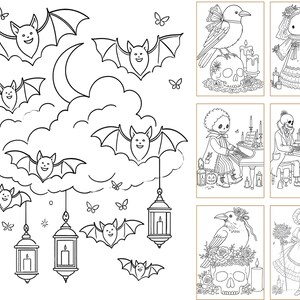 May include: A black and white coloring page featuring a large cloud, a crescent moon, multiple smiling bats, and hanging lanterns. To the right, six smaller rectangular panels display detailed illustrations of skulls, birds, and figures.