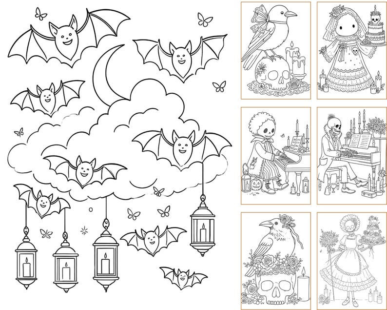 May include: A black and white coloring page featuring a large cloud, a crescent moon, multiple smiling bats, and hanging lanterns. To the right, six smaller rectangular panels display detailed illustrations of skulls, birds, and figures.