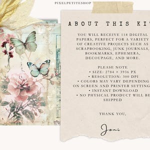 Puede incluir: Kit de papel digital con est&eacute;tica vintage. El dise&ntilde;o presenta un arreglo floral con rosas rosas y dos mariposas en tonos azules y verdes. El texto a la derecha dice "About This Kit" y enumera el contenido.