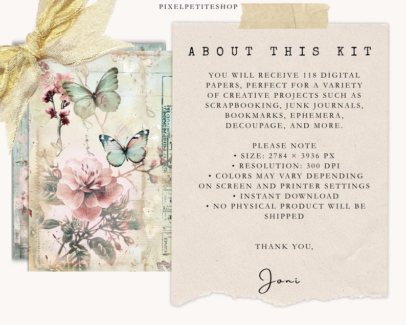 Puede incluir: Kit de papel digital con est&eacute;tica vintage. El dise&ntilde;o presenta un arreglo floral con rosas rosas y dos mariposas en tonos azules y verdes. El texto a la derecha dice "About This Kit" y enumera el contenido.