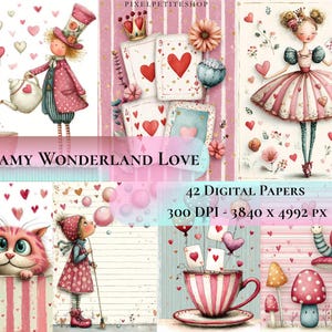 Puede incluir: Una colección de arte digital con un tema de Wonderland de ensueño. La obra de arte presenta ilustraciones caprichosas de personajes, naipes, tazas de té y corazones en tonos de rosa, rojo y blanco. El texto dice "Dreamy Wonderland Love" y "42 Digital Papers".