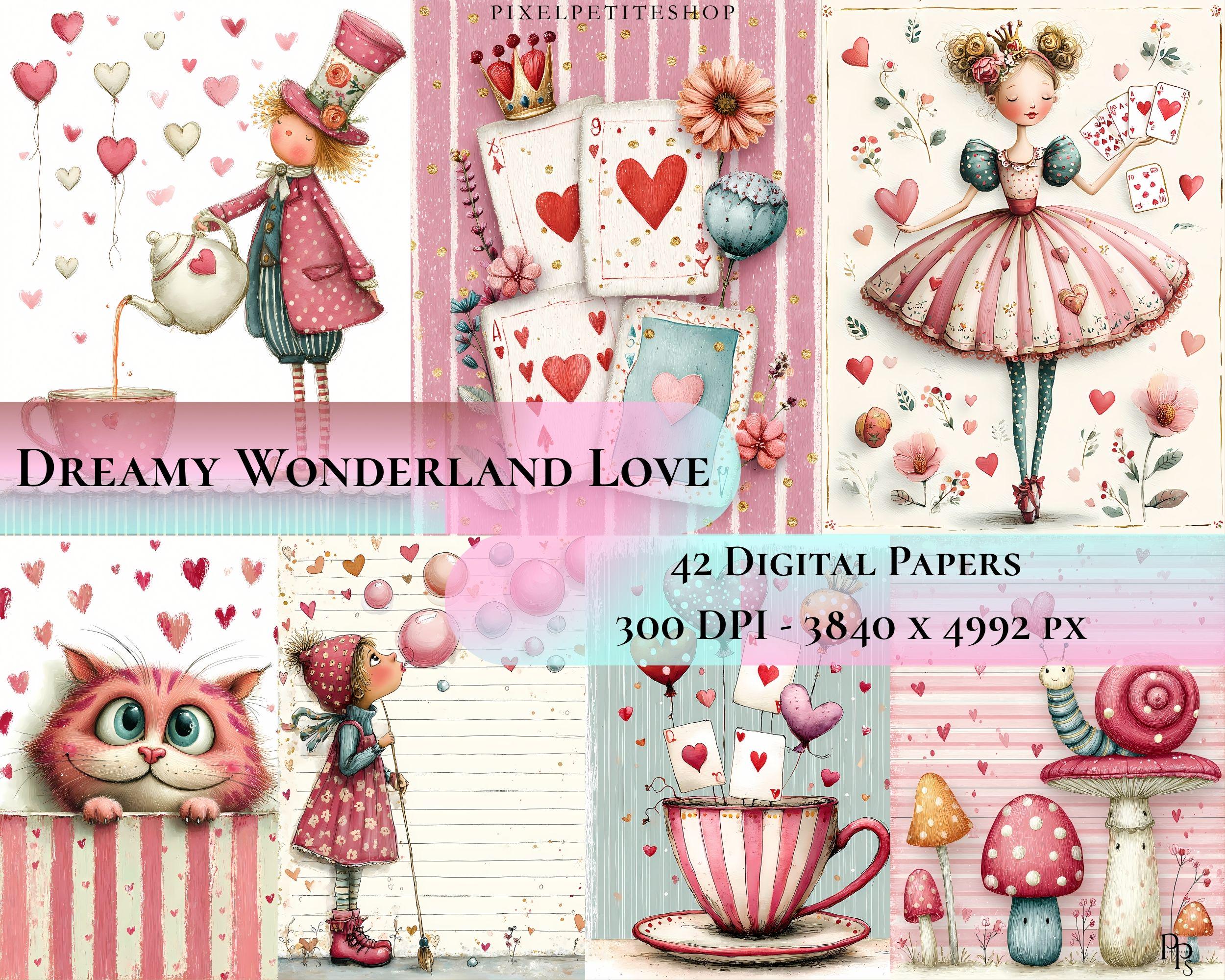 Preview of Wonderland Valentine Papers — 42 Printable Journal Pages
