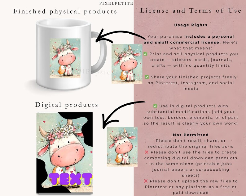 May include: A white ceramic mug featuring a whimsical illustration of a cow adorned with a floral crown. The image also includes a digital product with the word "TEXT" and a section detailing usage rights for personal and commercial use.