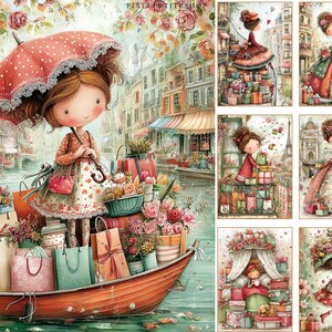 May include: A whimsical illustration depicts a girl with an umbrella in a boat filled with gifts and flowers, navigating a canal. The scene is set in a European town with shops and buildings. The artwork has a soft, watercolor style with a focus on pastel colors.