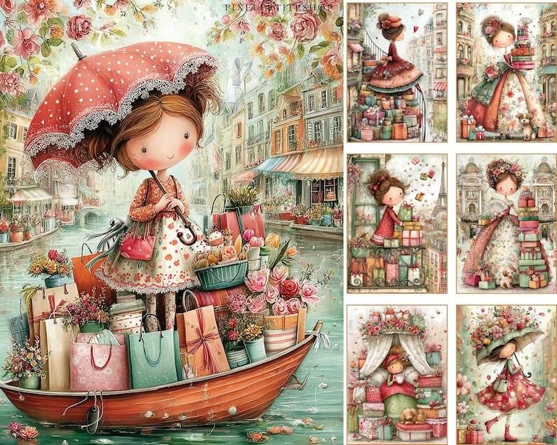 May include: A whimsical illustration depicts a girl with an umbrella in a boat filled with gifts and flowers, navigating a canal. The scene is set in a European town with shops and buildings. The artwork has a soft, watercolor style with a focus on pastel colors.