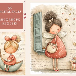 May include: Digital art featuring two illustrations of fairy-like characters. One illustration shows a girl sitting on a crescent moon reading a book. The other shows a girl with wings standing near a window. The image includes the text: 33 DIGITAL PAGES, 2550 X 3300 PX, 8.5 X 11 IN.