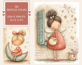 May include: Digital art featuring two illustrations of fairy-like characters. One illustration shows a girl sitting on a crescent moon reading a book. The other shows a girl with wings standing near a window. The image includes the text: 33 DIGITAL PAGES, 2550 X 3300 PX, 8.5 X 11 IN.