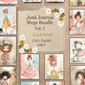 Op de afbeelding: Een digitale collectie getiteld Junk Journal Mega Bundle Vol. 1, Too Cute To Print! 1343 Digital pages, met diverse illustraties van personages in zachte kleuren, bloemaccenten en decoratieve elementen op een getextureerde achtergrond.