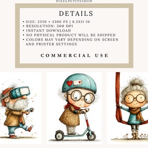 May include: Digital art print featuring three whimsical illustrations. One shows a character with VR goggles and a controller, another on a scooter, and the last on a swing. The image includes details about the product, such as size and resolution.