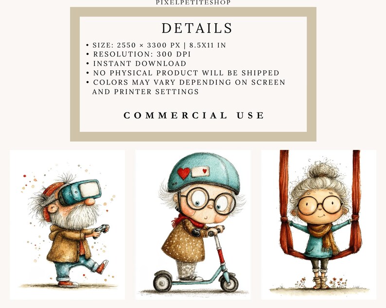 May include: Digital art print featuring three whimsical illustrations. One shows a character with VR goggles and a controller, another on a scooter, and the last on a swing. The image includes details about the product, such as size and resolution.
