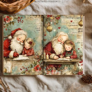 May include: An open book featuring a vintage-style illustration of Santa Claus writing at a desk with a young child. The artwork includes musical notes, red berries, flowers, and golden ornaments against a soft, light blue and cream background.
