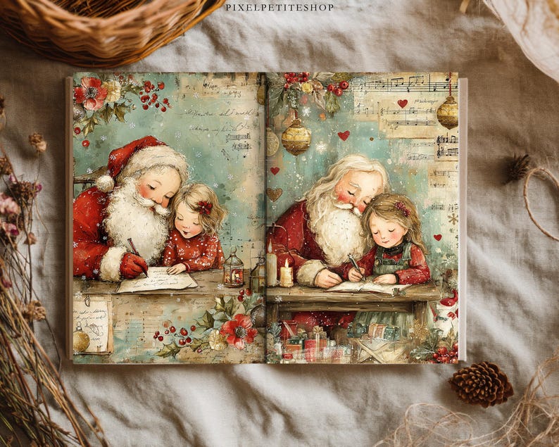 May include: An open book featuring a vintage-style illustration of Santa Claus writing at a desk with a young child. The artwork includes musical notes, red berries, flowers, and golden ornaments against a soft, light blue and cream background.