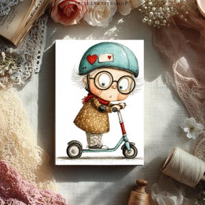 May include: Illustration of a cartoon character riding a scooter. The character wears a blue helmet with a red heart, glasses, a red scarf, and a brown coat. The scooter is blue and red.