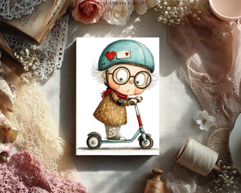 May include: Illustration of a cartoon character riding a scooter. The character wears a blue helmet with a red heart, glasses, a red scarf, and a brown coat. The scooter is blue and red.