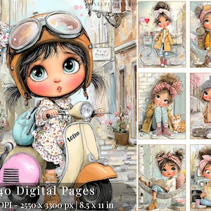 Puede incluir: Impresión de arte digital que presenta a una niña de dibujos animados en un scooter vintage, con un casco de aviador marrón. La imagen incluye el texto "40 Digital Pages" y dimensiones de 21,59 x 27,94 cm.