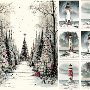 Op de afbeelding: Een winterse sc&egrave;ne met een met sneeuw bedekt pad omzoomd door versierde kerstbomen. Het kunstwerk toont een verscheidenheid aan ornamenten en een ster bovenop de bomen. De afbeelding bevat ook een reeks vuurtoren schilderijen met een besneeuwd landschap en een nachthemel.