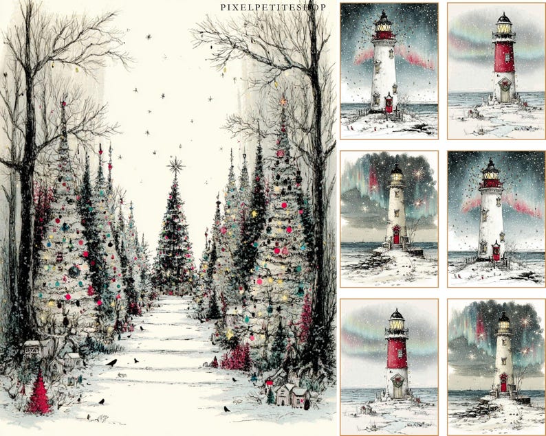 Op de afbeelding: Een winterse sc&egrave;ne met een met sneeuw bedekt pad omzoomd door versierde kerstbomen. Het kunstwerk toont een verscheidenheid aan ornamenten en een ster bovenop de bomen. De afbeelding bevat ook een reeks vuurtoren schilderijen met een besneeuwd landschap en een nachthemel.