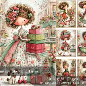 May include: Watercolor illustration titled "Vintage Shopping Divas" featuring a doll-like figure holding gifts. The image includes a collection of digital pages with various shopping-themed scenes, with a resolution of 2550 x 3300 px and dimensions of 8.5 x 11 inches.