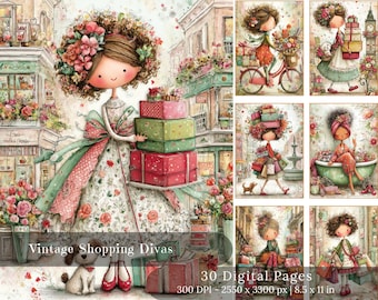 Vintage Shopping Divas Digital Pages | Shabby Chic Scrapbooking Papers (Digital Download)