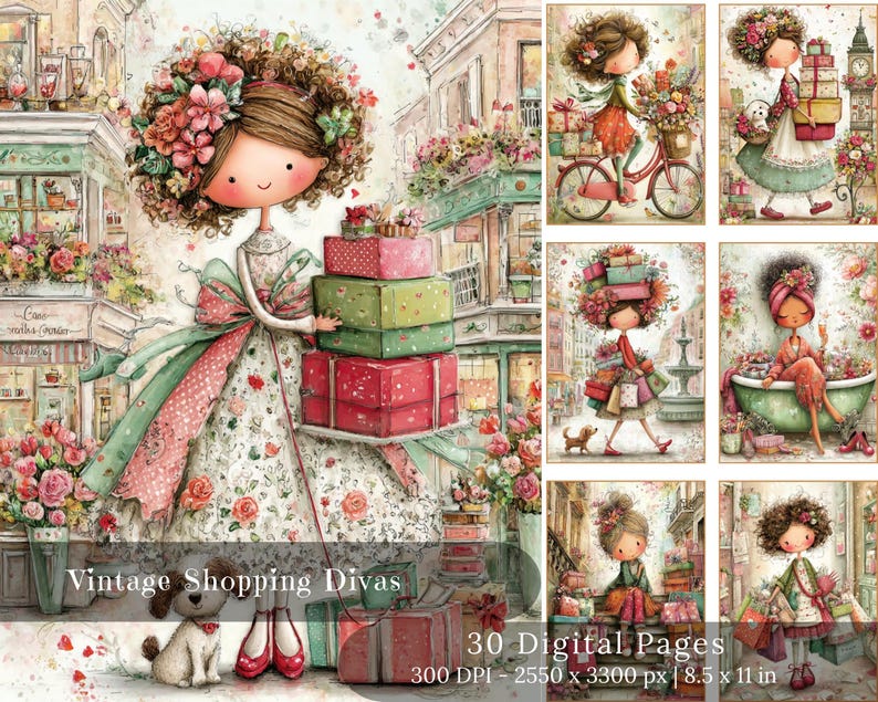 May include: Watercolor illustration titled "Vintage Shopping Divas" featuring a doll-like figure holding gifts. The image includes a collection of digital pages with various shopping-themed scenes, with a resolution of 2550 x 3300 px and dimensions of 8.5 x 11 inches.