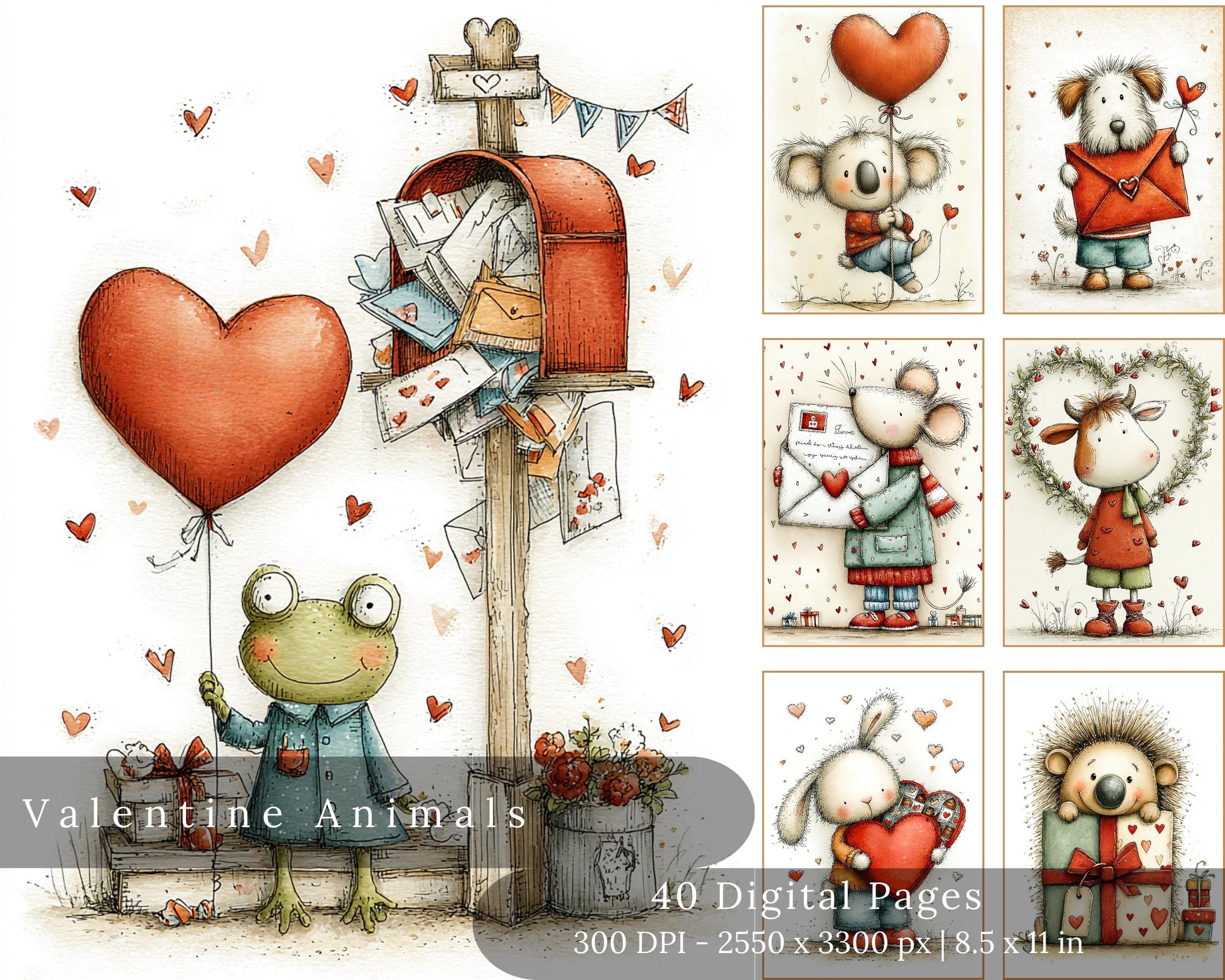 Preview of Pastel Valentine Animals — 40 Printable Scrapbook Pages