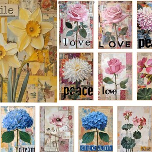 May include: A collection of floral art prints featuring various flowers like daffodils, roses, and hydrangeas. Each print has a vintage aesthetic with text overlays such as "smile," "love," "peace," "dream," and "kind." The color palette includes yellow, pink, blue, and white.