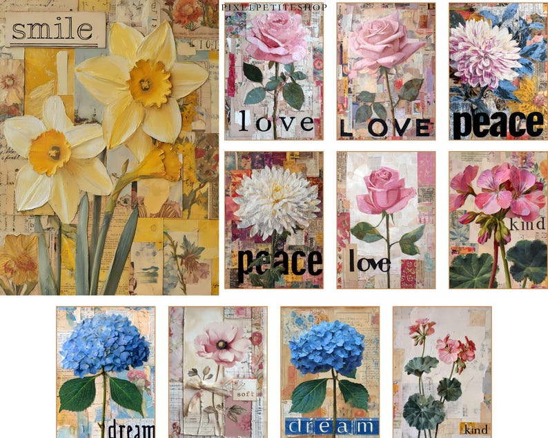May include: A collection of floral art prints featuring various flowers like daffodils, roses, and hydrangeas. Each print has a vintage aesthetic with text overlays such as "smile," "love," "peace," "dream," and "kind." The color palette includes yellow, pink, blue, and white.