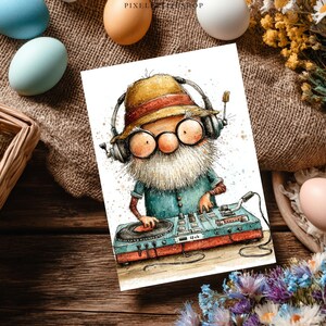May include: Watercolor illustration of a DJ with a long white beard, wearing a hat, headphones, and glasses. The DJ is mixing on a turntable and mixer. The image is on a white card, surrounded by Easter eggs and flowers.
