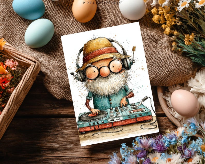 May include: Watercolor illustration of a DJ with a long white beard, wearing a hat, headphones, and glasses. The DJ is mixing on a turntable and mixer. The image is on a white card, surrounded by Easter eggs and flowers.