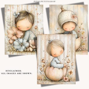 May include: Three digital art prints featuring illustrations of children with closed eyes in soft, muted tones. One child sits among flowers, another wears a polka-dot hat, and the third sits inside a pumpkin. The text PIXELPETITESHOP is visible.