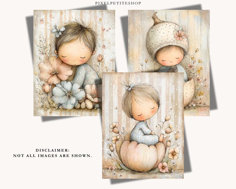 May include: Three digital art prints featuring illustrations of children with closed eyes in soft, muted tones. One child sits among flowers, another wears a polka-dot hat, and the third sits inside a pumpkin. The text PIXELPETITESHOP is visible.