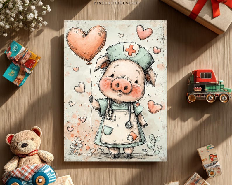 May include: A whimsical illustration features a pig dressed as a nurse, holding a heart-shaped balloon. The pig wears a green cap with a red cross and a white apron. Soft pink hearts and watercolor details create a charming, heartwarming scene.