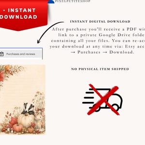 Op de afbeelding: Een digitaal briefpapier-sjabloon met een das op een pompoen, omringd door herfstbladeren, bessen en een lantaarn. De tekst bevat INSTANT DOWNLOAD, NO PHYSICAL ITEM SHIPPED en instructies voor toegang tot bestanden via een Google Drive-link.