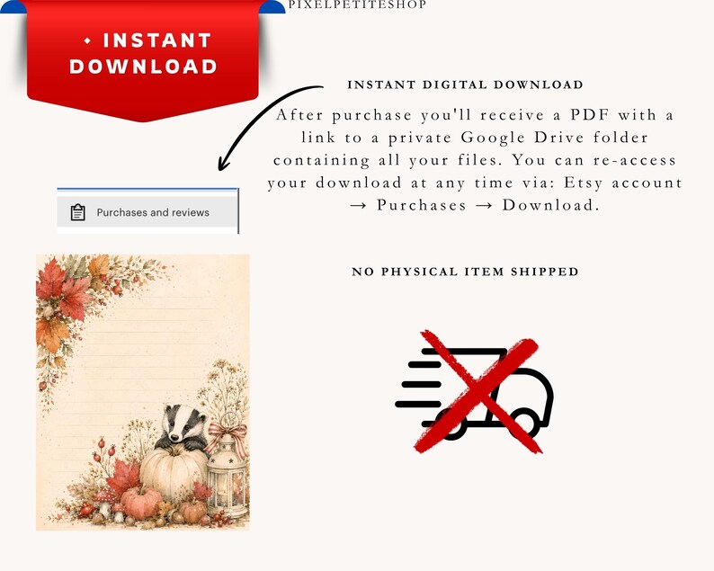 Op de afbeelding: Een digitaal briefpapier-sjabloon met een das op een pompoen, omringd door herfstbladeren, bessen en een lantaarn. De tekst bevat INSTANT DOWNLOAD, NO PHYSICAL ITEM SHIPPED en instructies voor toegang tot bestanden via een Google Drive-link.