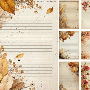 May include: A collection of lined paper designs with an autumn theme. The designs feature watercolor illustrations of fall leaves, flowers, and berries in shades of gold, brown, and red. The paper has a vintage, aged look with a cream background and black lines.