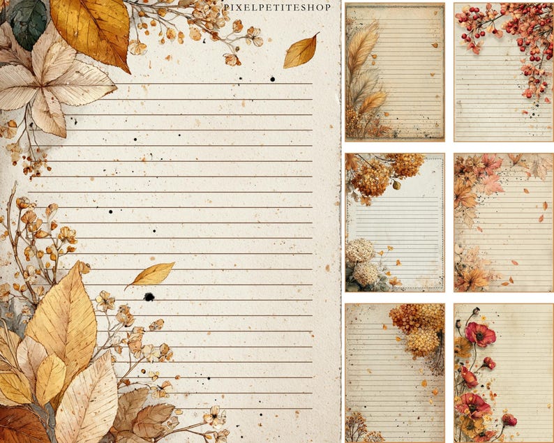 May include: A collection of lined paper designs with an autumn theme. The designs feature watercolor illustrations of fall leaves, flowers, and berries in shades of gold, brown, and red. The paper has a vintage, aged look with a cream background and black lines.
