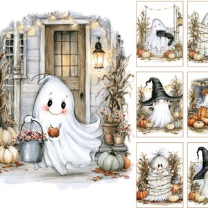 May include: A collection of digital illustrations featuring cute ghosts in various Halloween settings. The main image shows a ghost holding a bucket of apples near a porch with pumpkins. Other scenes include ghosts with black hats, string lights, and cats.