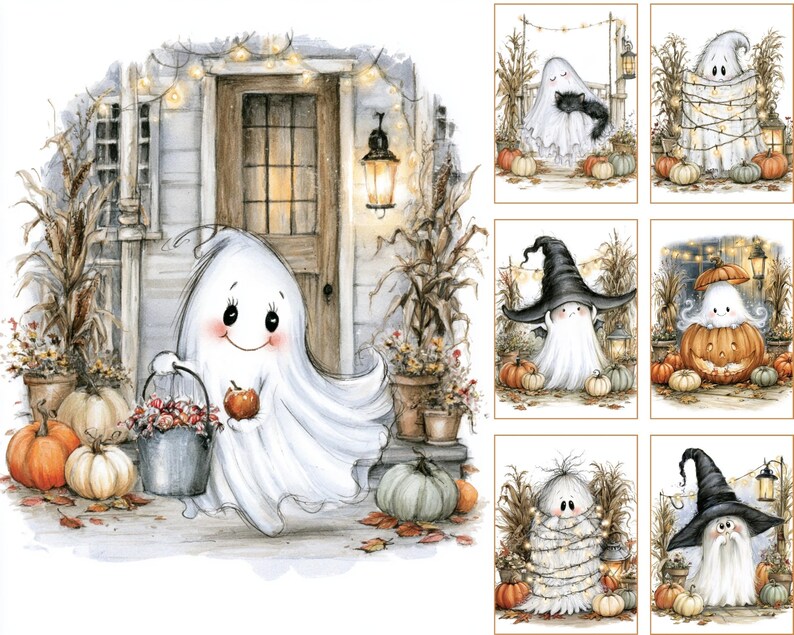 May include: A collection of digital illustrations featuring cute ghosts in various Halloween settings. The main image shows a ghost holding a bucket of apples near a porch with pumpkins. Other scenes include ghosts with black hats, string lights, and cats.