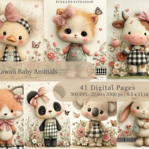 May include: Digital art featuring adorable Kawaii baby animals, including a duck, cat, cow, fox, panda, koala, and bunny. Each character is adorned with bows and dressed in overalls, surrounded by flowers and butterflies. The image is 8.5 x 11 inches.