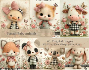 May include: Digital art featuring adorable Kawaii baby animals, including a duck, cat, cow, fox, panda, koala, and bunny. Each character is adorned with bows and dressed in overalls, surrounded by flowers and butterflies. The image is 8.5 x 11 inches.