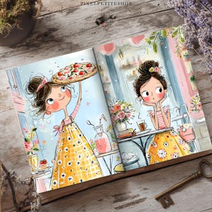 May include: An open book featuring two colorful illustrations of a character with a high bun hairstyle. The left page shows the character holding a pizza above their head. The right page shows the character sitting at a table with a drink and flowers.