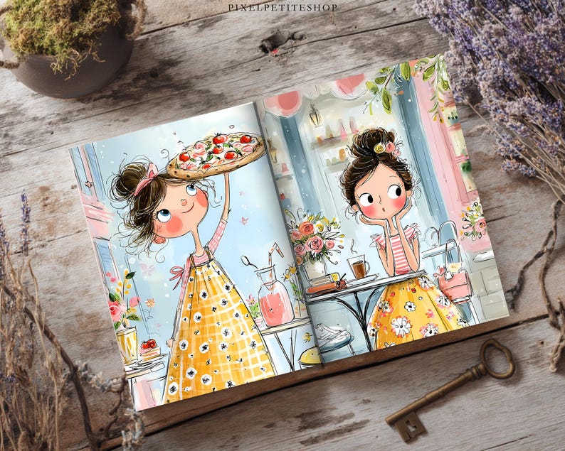 May include: An open book featuring two colorful illustrations of a character with a high bun hairstyle. The left page shows the character holding a pizza above their head. The right page shows the character sitting at a table with a drink and flowers.