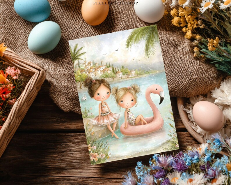 May include: A greeting card featuring two cartoon girls near a body of water. One girl sits on a stone wall, and the other floats on a pink flamingo pool float. The background shows a coastal town with palm trees and a blue sky.
