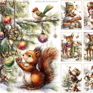 May include: A collection of watercolor illustrations featuring winter scenes. A squirrel decorates a Christmas tree with ornaments, while a bird perches on a branch. Other images include woodland creatures like deer, rabbits, and a fairy, all in a snowy setting.