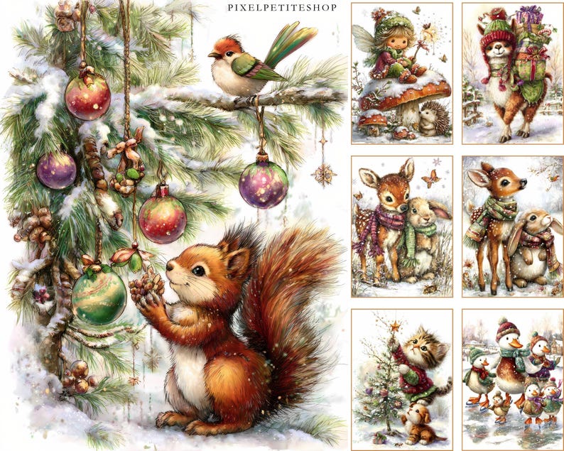 May include: A collection of watercolor illustrations featuring winter scenes. A squirrel decorates a Christmas tree with ornaments, while a bird perches on a branch. Other images include woodland creatures like deer, rabbits, and a fairy, all in a snowy setting.