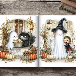 May include: An open book featuring two watercolor illustrations. The left page shows a white ghost and a fluffy black cat with a bowl of popcorn on a porch with pumpkins. The right page shows a ghost wearing a witch hat and a child in a cape.