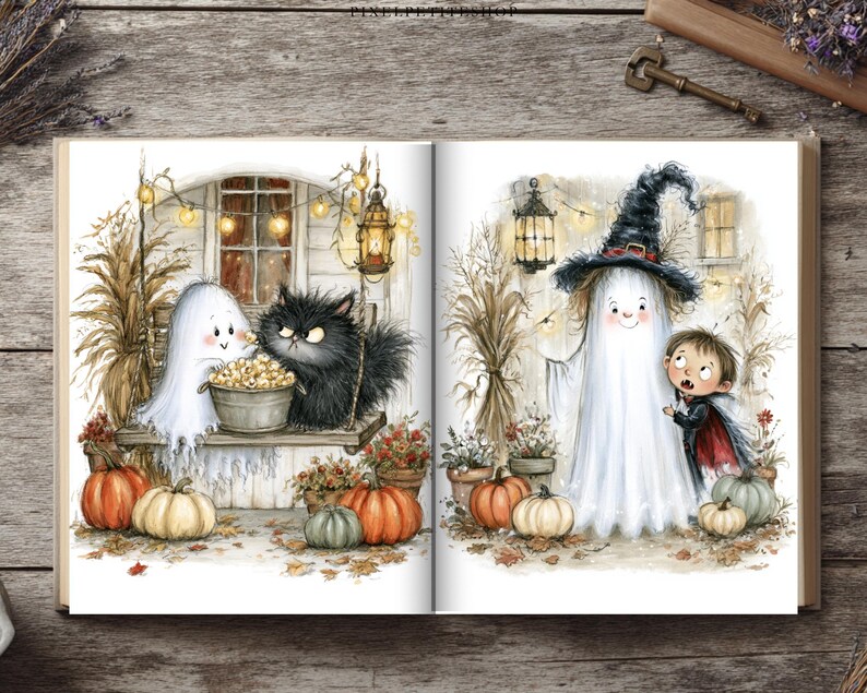 May include: An open book featuring two watercolor illustrations. The left page shows a white ghost and a fluffy black cat with a bowl of popcorn on a porch with pumpkins. The right page shows a ghost wearing a witch hat and a child in a cape.