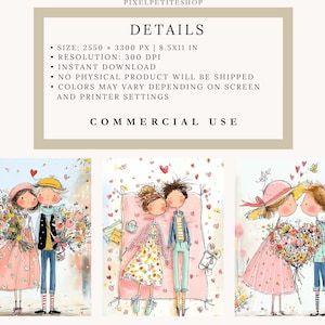 May include: Watercolor illustrations of couples in love, each with a unique style. One couple stands holding bouquets, another lies on a pink blanket, and the third shares a kiss. The images have a soft color palette and include the text "PIXELPETITESHOP" and "COMMERCIAL USE".