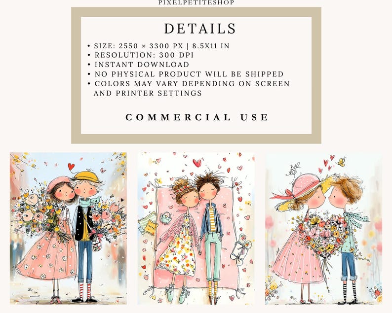 May include: Watercolor illustrations of couples in love, each with a unique style. One couple stands holding bouquets, another lies on a pink blanket, and the third shares a kiss. The images have a soft color palette and include the text "PIXELPETITESHOP" and "COMMERCIAL USE".